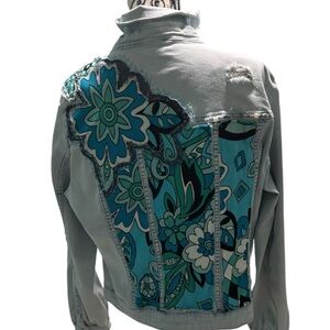 Upcycled one of a kind light denim tribal jean jacket XXL